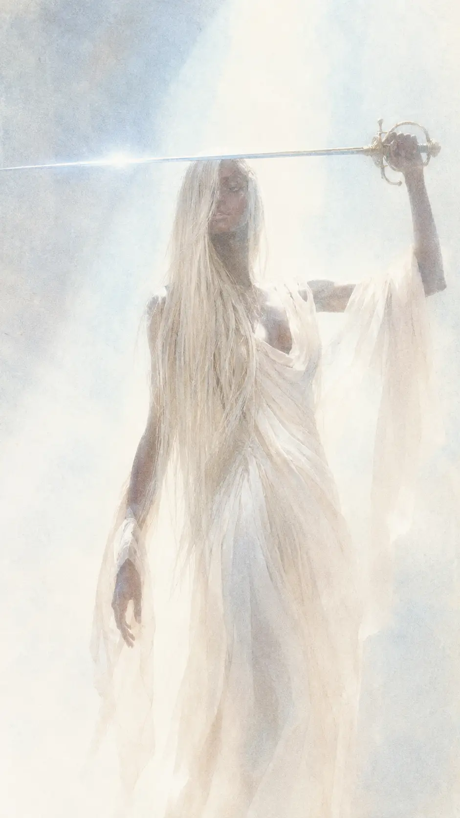 A Silver-Haired Woman Raises an Antique Rapier in Pale Light
