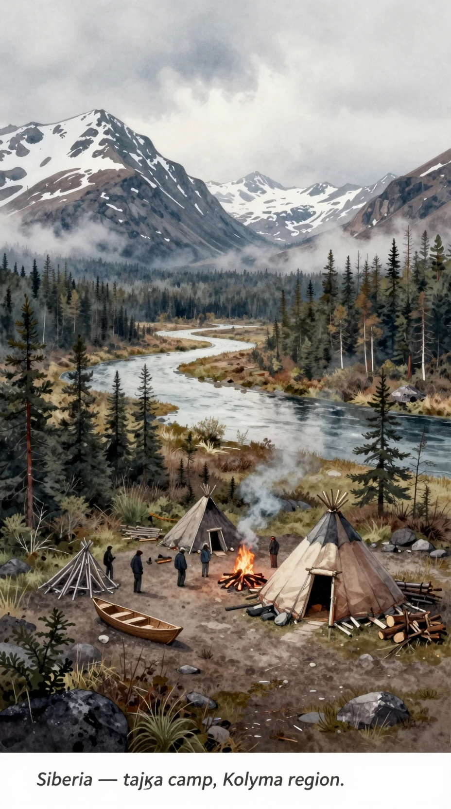 Watercolor panorama of a Siberian taiga camp beside winding channels