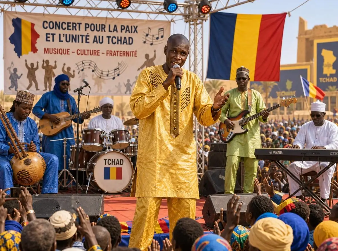 A singer performs with African musicians onstage during a concert in Chad