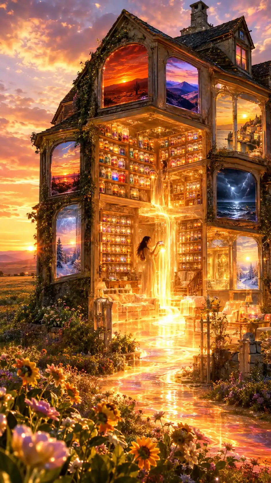 An old house stands alone in a vast meadow with sunset-filled windows