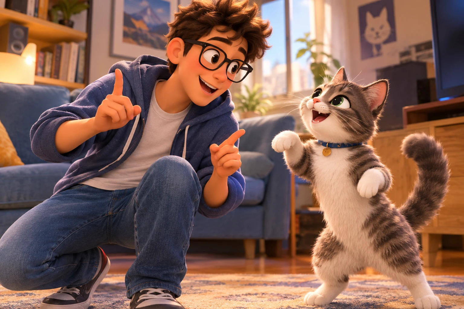 A Person in Glasses Talks With a Cat While Dancing