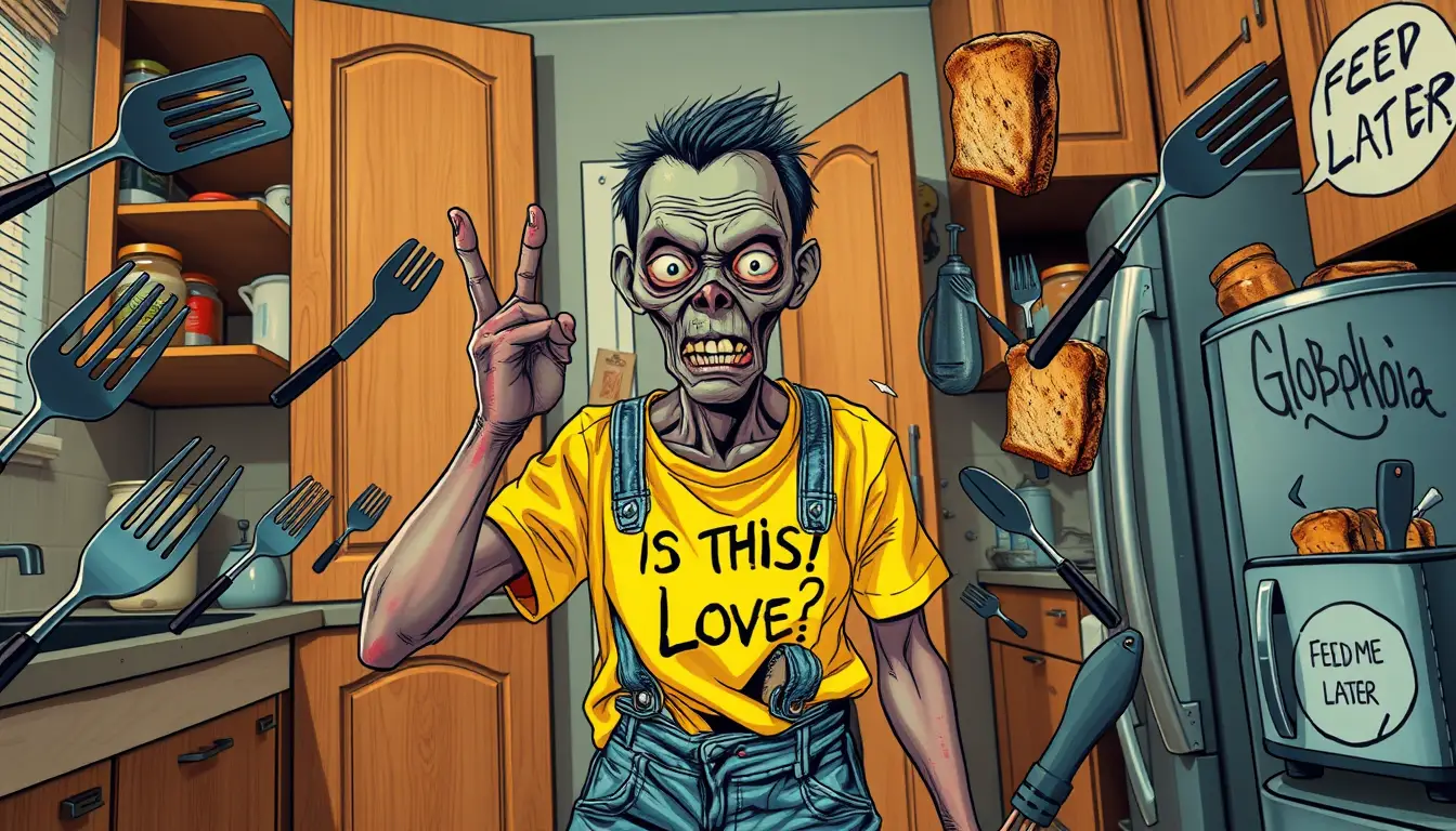 A Bewildered Vegetarian Zombie Fends Off Rebellious Utensils in a Chaotic Kitchen