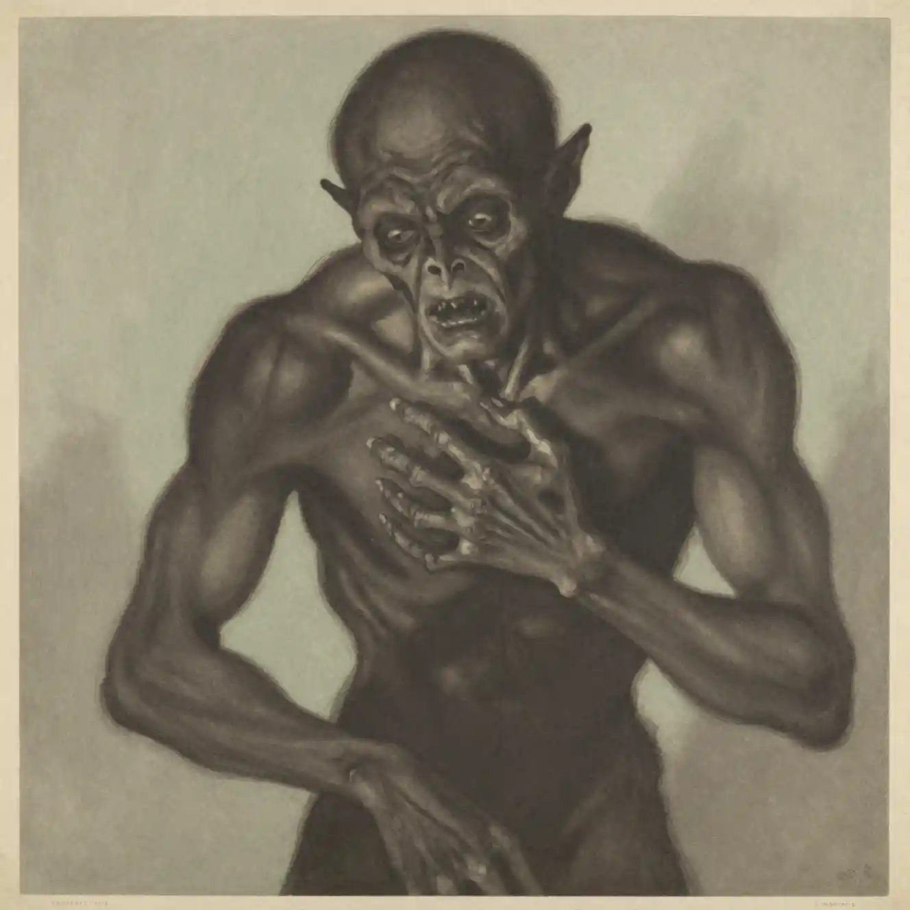 A trembling monster portrait in vintage expressionist illustration