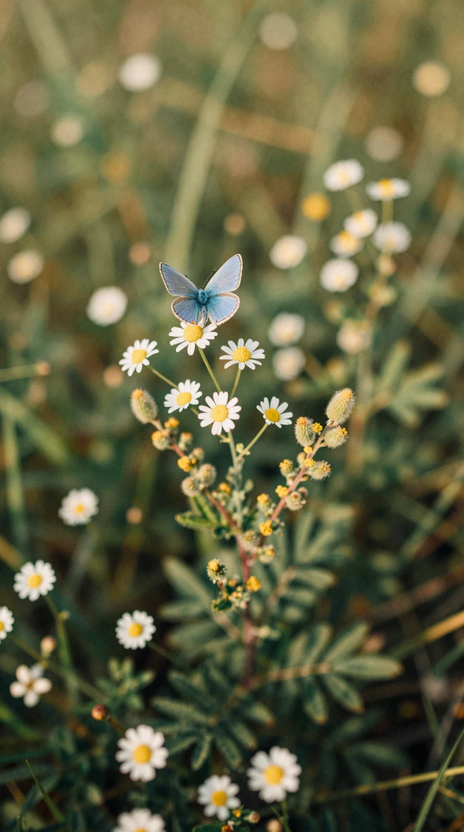 Una mariposa se posa en una margarita entre mimosas silvestres