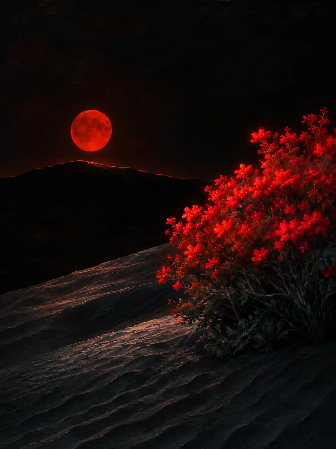 A Crimson Full Moon Hangs Over a Dark Landscape in Oil Paint