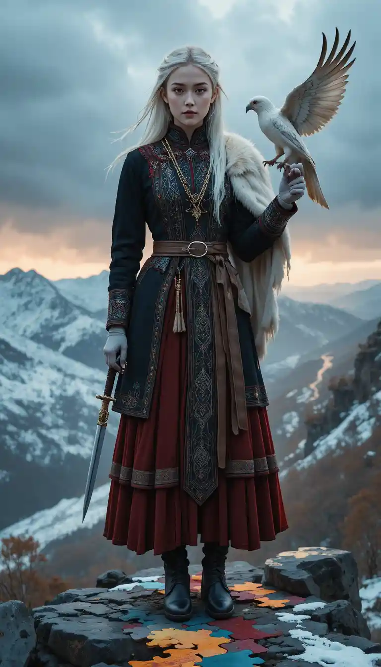A young woman stands on a rocky ridge with a white bird