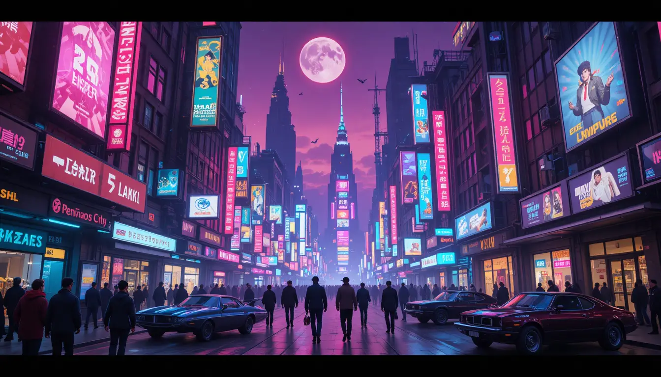 Pedestrians fill a retro-futuristic city street beneath towering neon signs
