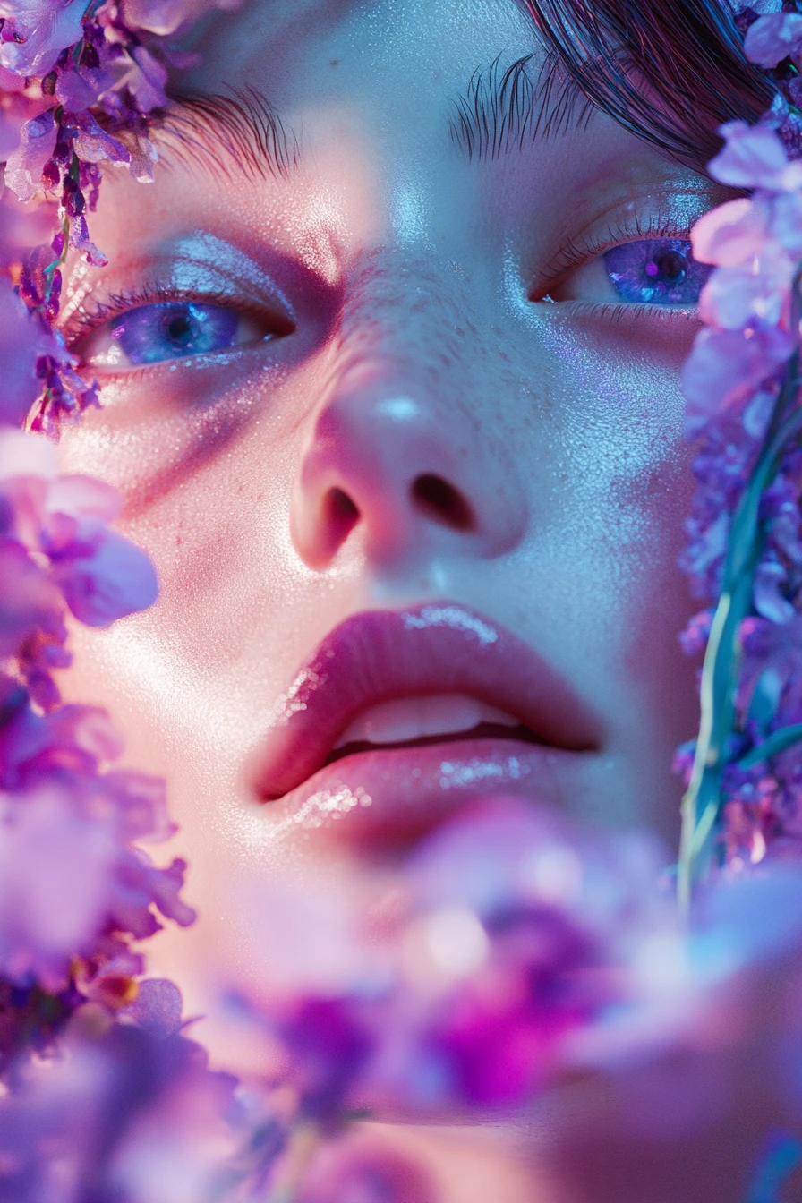 Formas biomórficas surrealistas y fantasiosas con detalles florales en tonos metálicos pastel