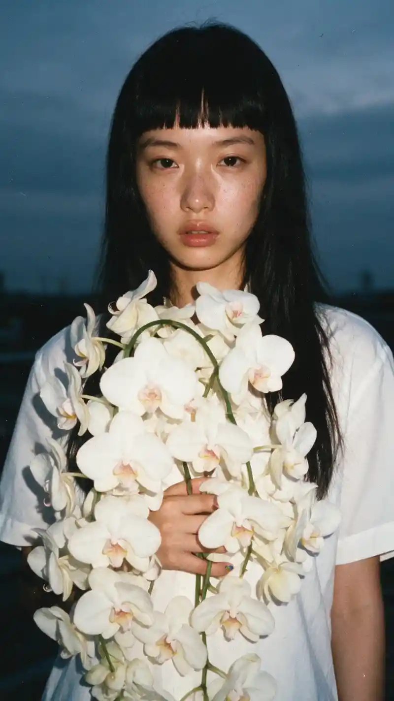 Young woman holding white orchids in a raw outdoor fashion portrait