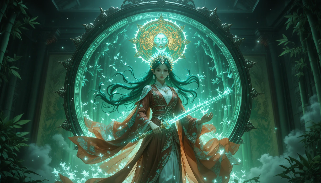 Una espadachina fantástica emerge de un antiguo pergamino de jade