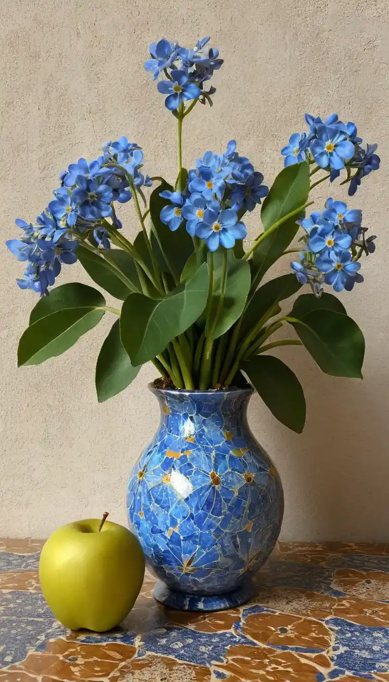 A bouquet of forget-me-nots inside a skeletal filigree apple