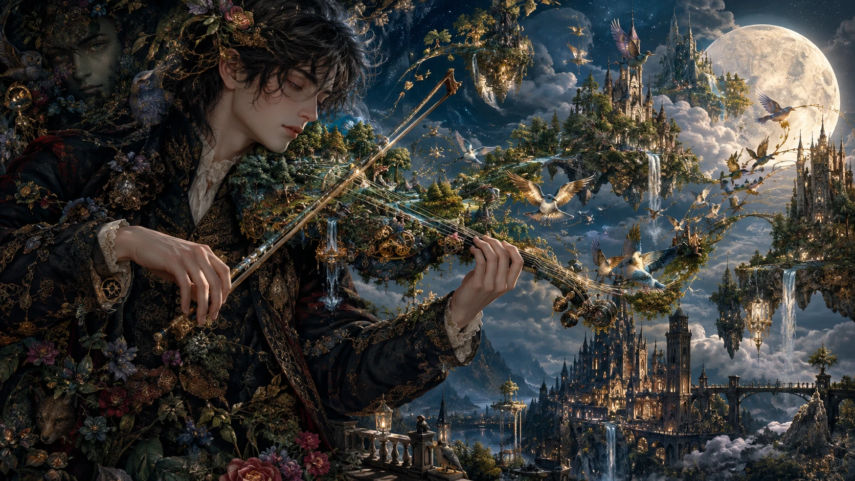 A Wandering Musician Plays a Violin with Forests Woven Through Its Strings