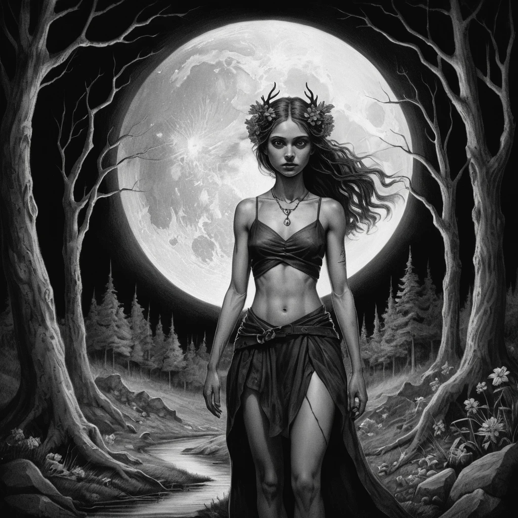 A young witch stands beside a devil in a moonlit forest