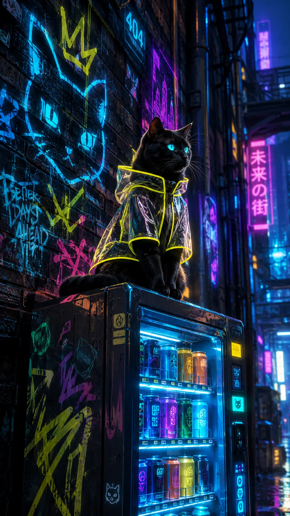 A black cat perches above a vending machine in a neon alley