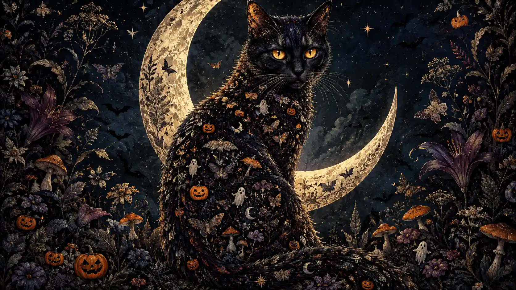 A Symbolic Black Cat Sits Beneath a Crescent Moon