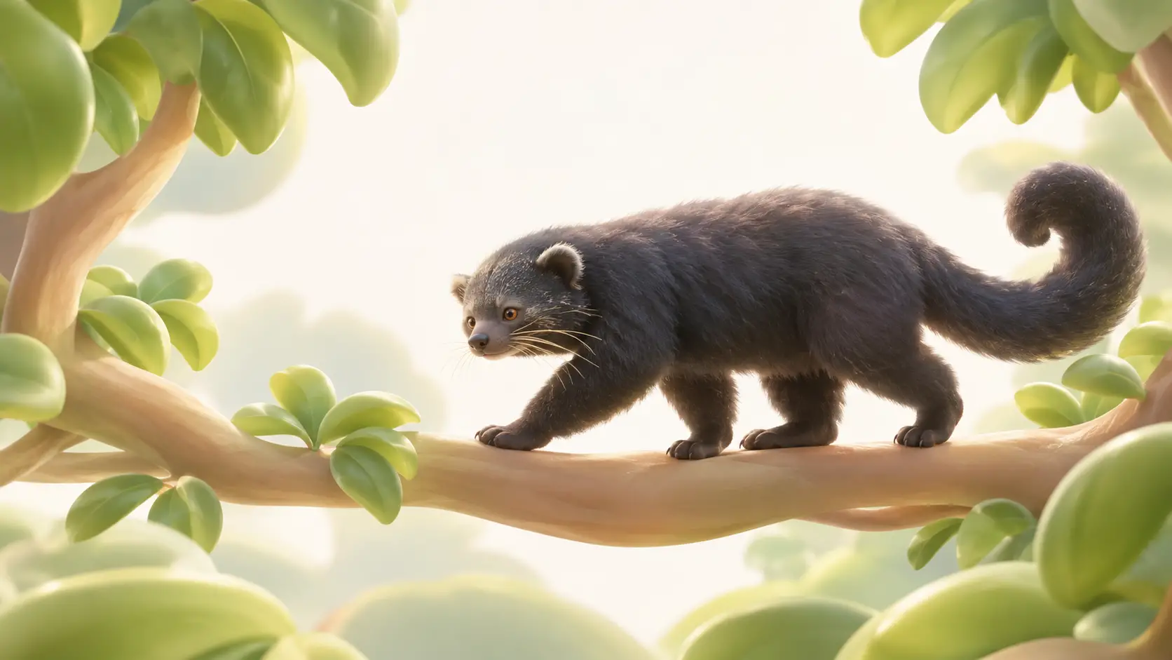 A Binturong Walks Calmly Along a Branch in Indonesia’s Canopy