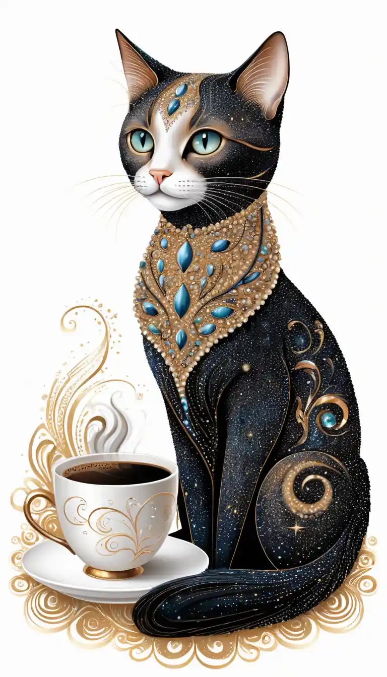 A Coffee Cat on White with Airbrushed Stardust Details
