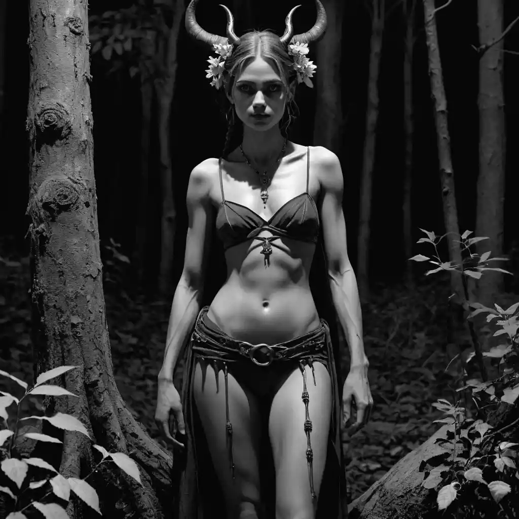 A young witch stands beneath a huge moon in a dark forest