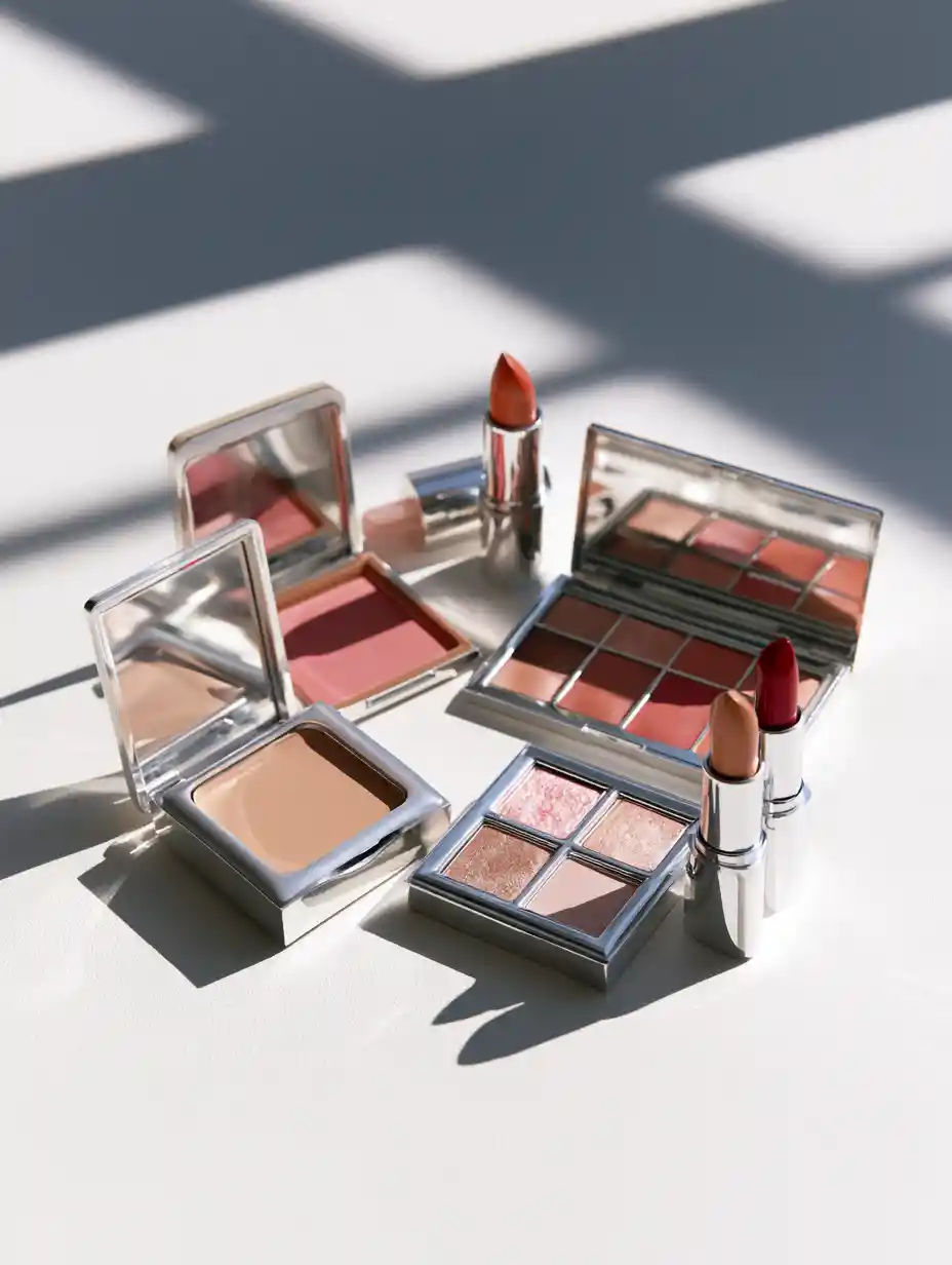 A boutique makeup display with warm shades and playful packaging