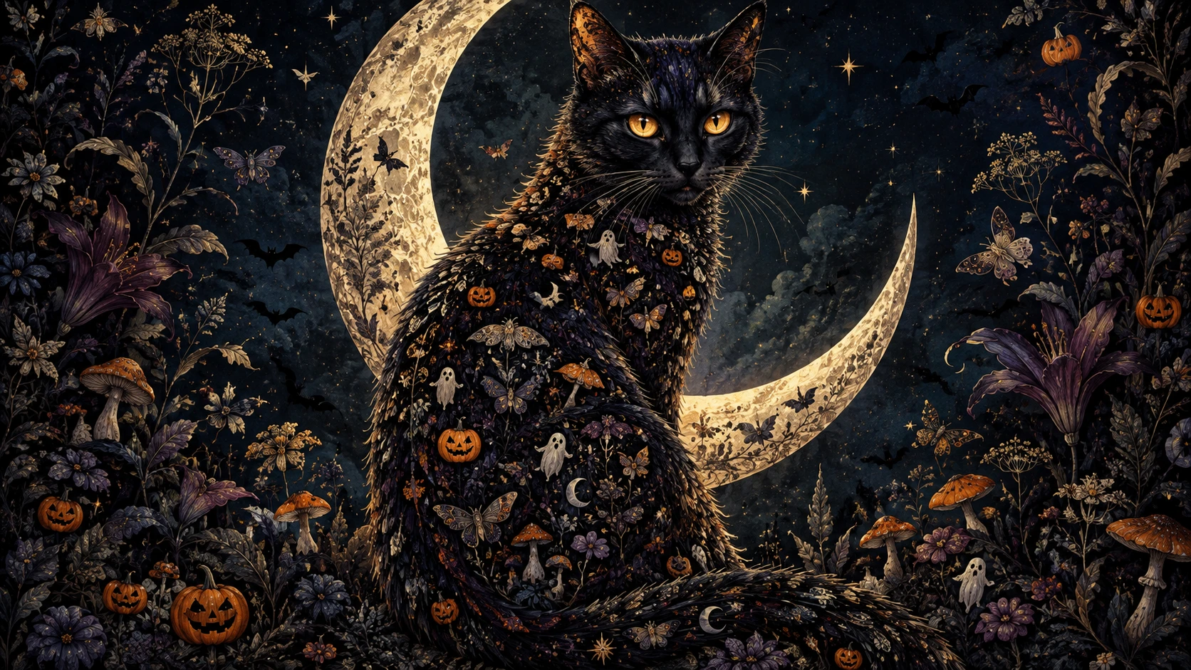 Un gato negro simbólico sentado bajo una luna creciente