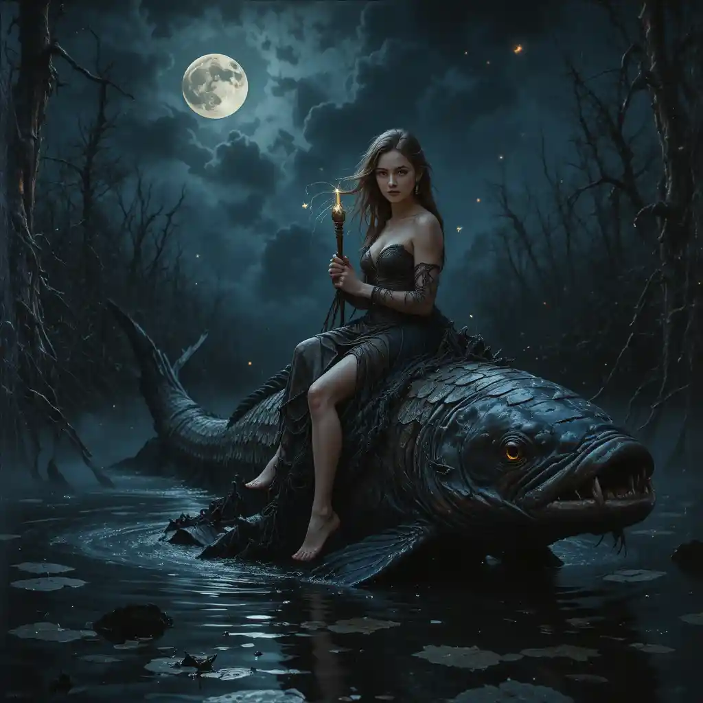 A werewolf girl rides a giant catfish through a moonlit swamp
