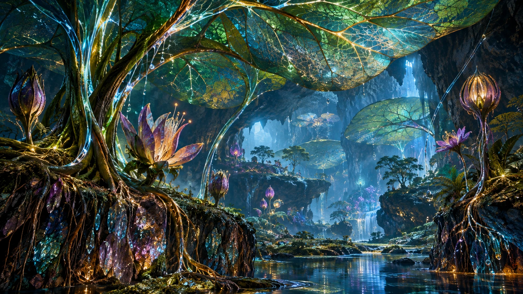 A luminous botanical garden unfolds within a vast natural cavern