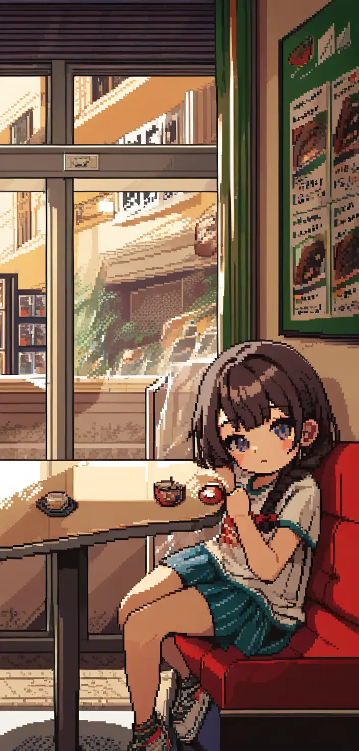 A pixel art girl sits in a cafe with a pineapple message poster