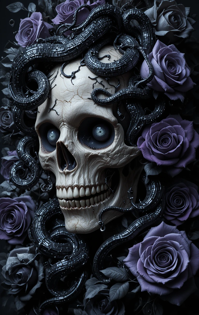 A haunting skull with crawling snakes, silver worms, and roses