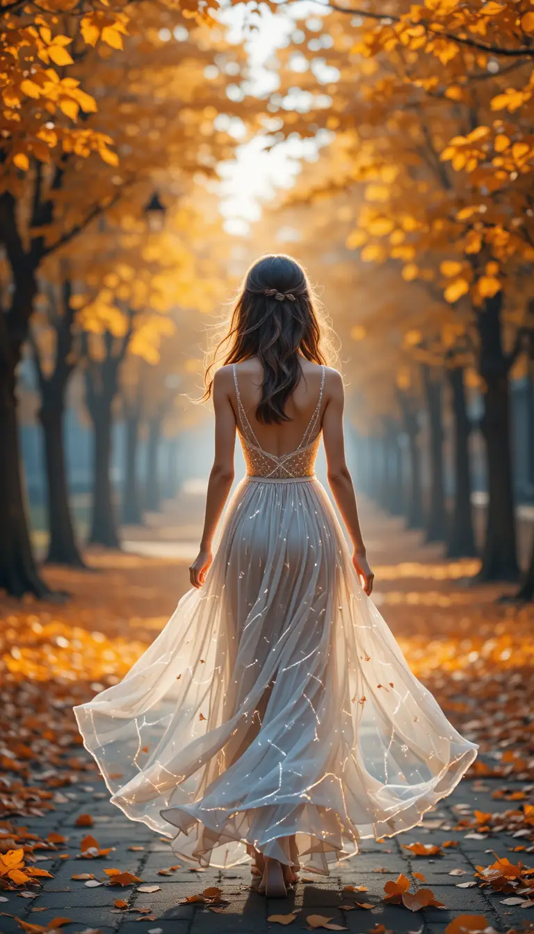 A young woman walks along an autumn street in a flowing dress