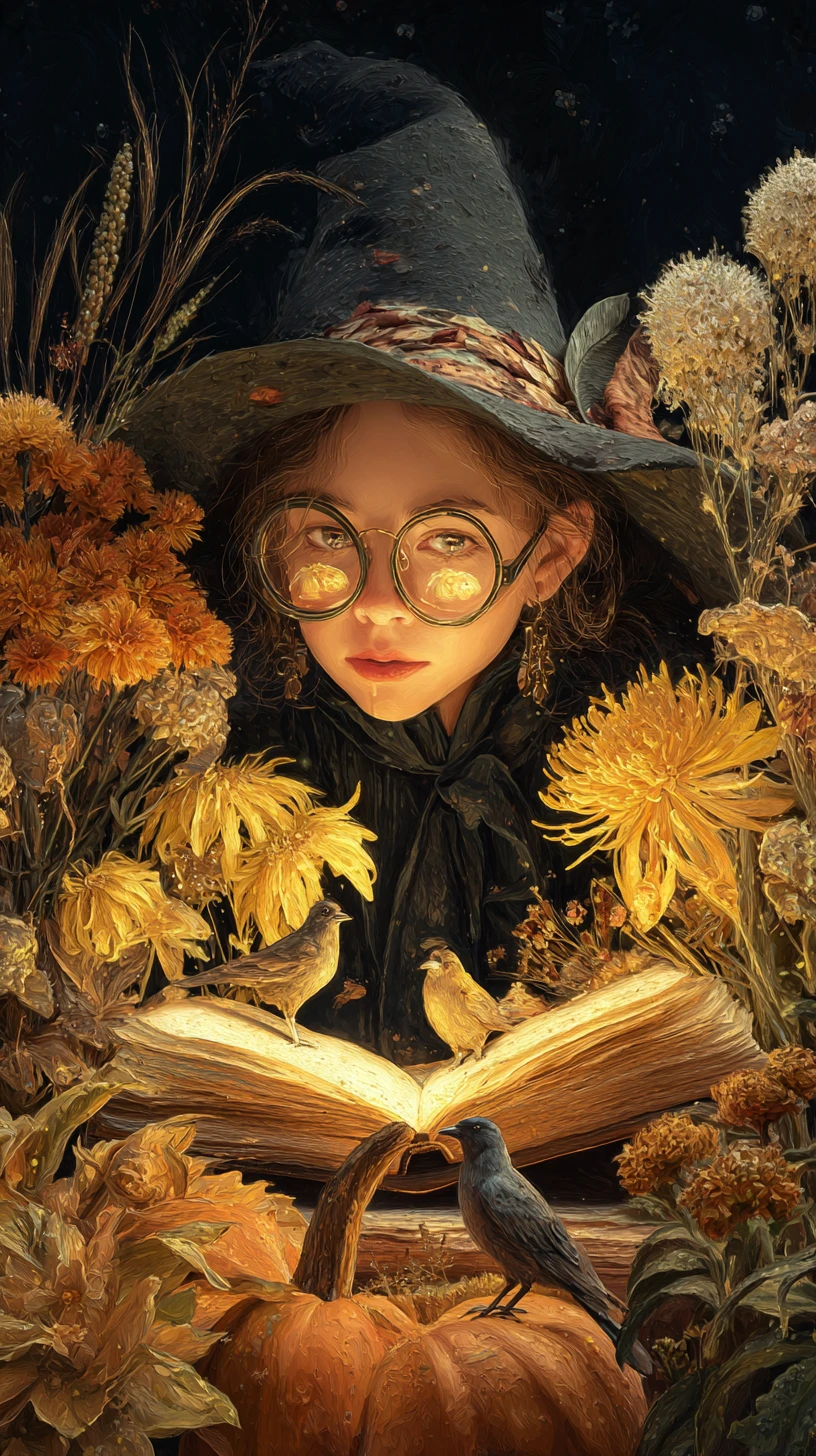 A Young Girl With Glasses Dressed As A Witch Among Flowers