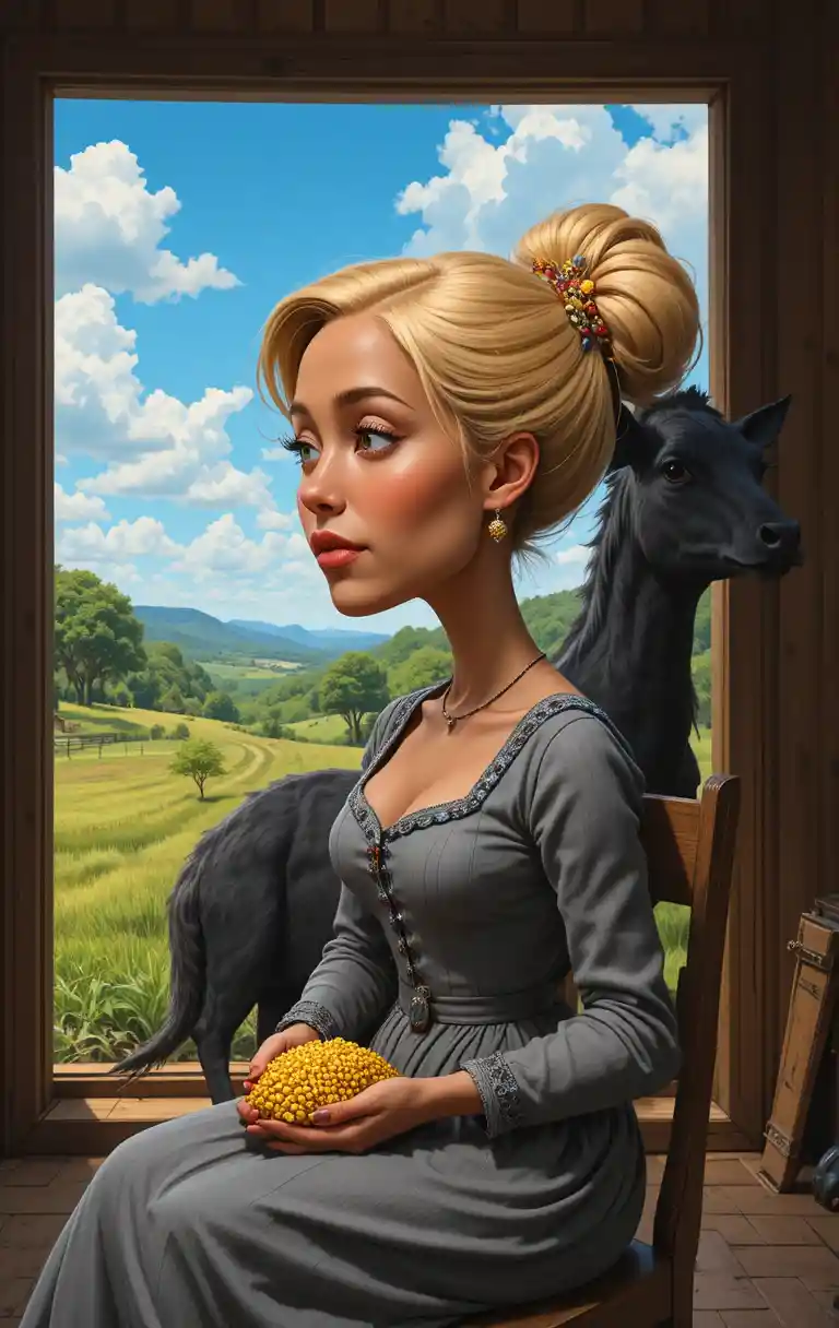 A young woman prepares corn beside a black bull on a farm