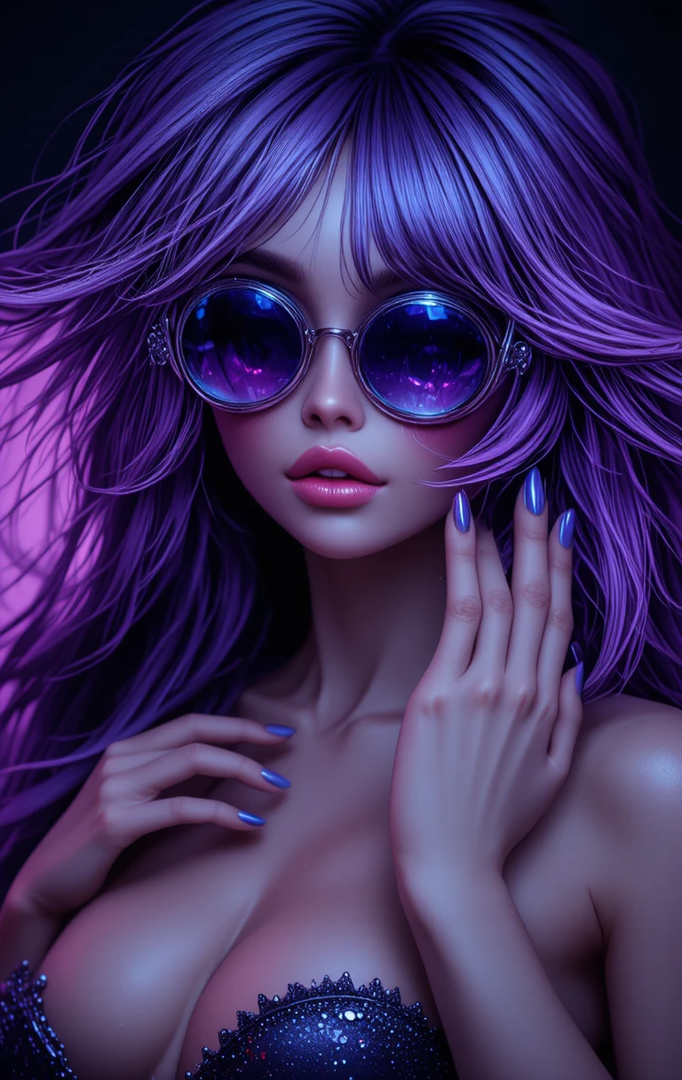 A glamorous woman with futuristic metallic glasses and flowing purple hair