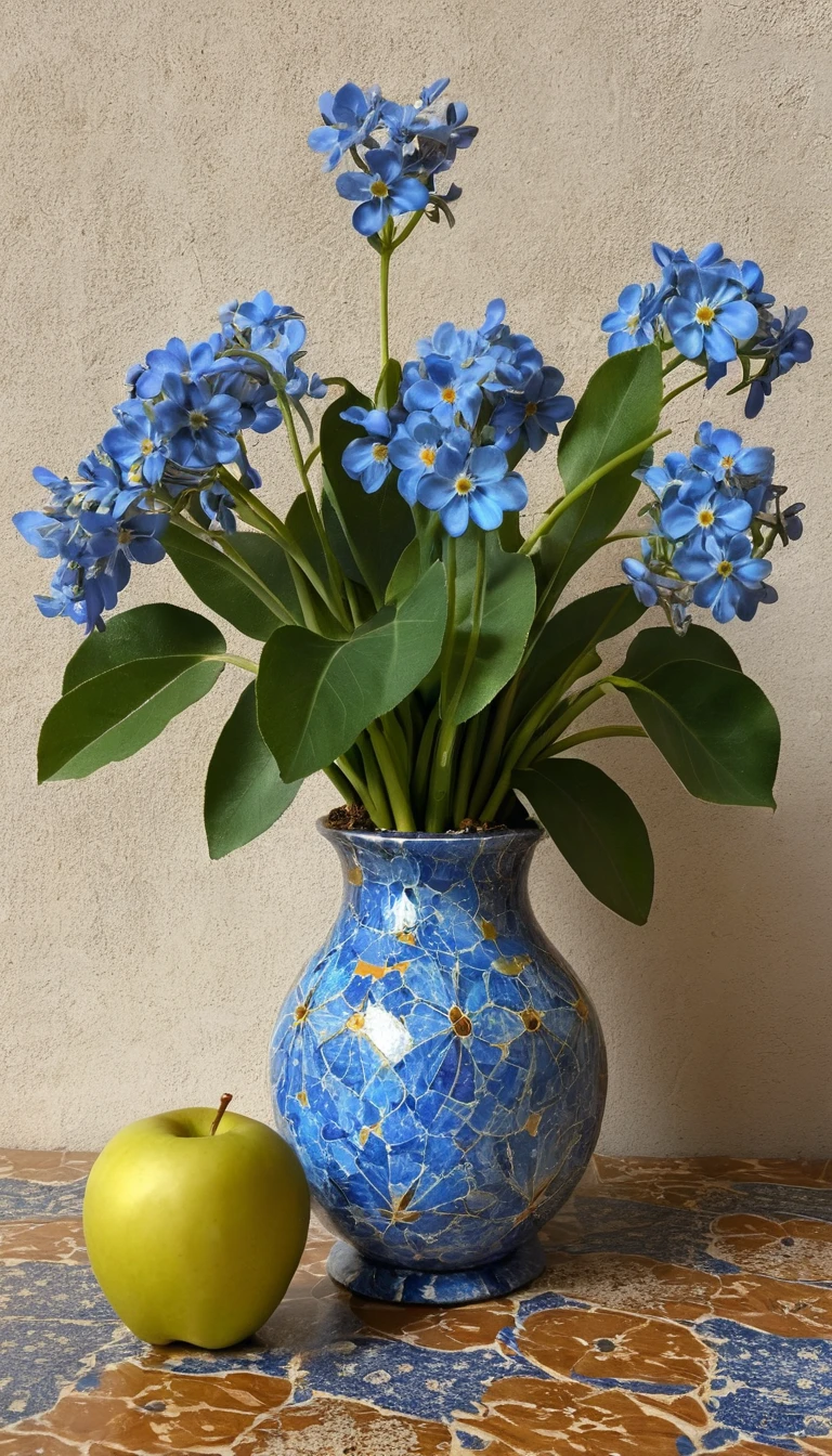 A bouquet of forget-me-nots inside a skeletal filigree apple
