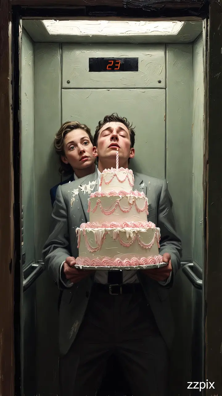 A tired man balances an enormous birthday cake inside a small elevator