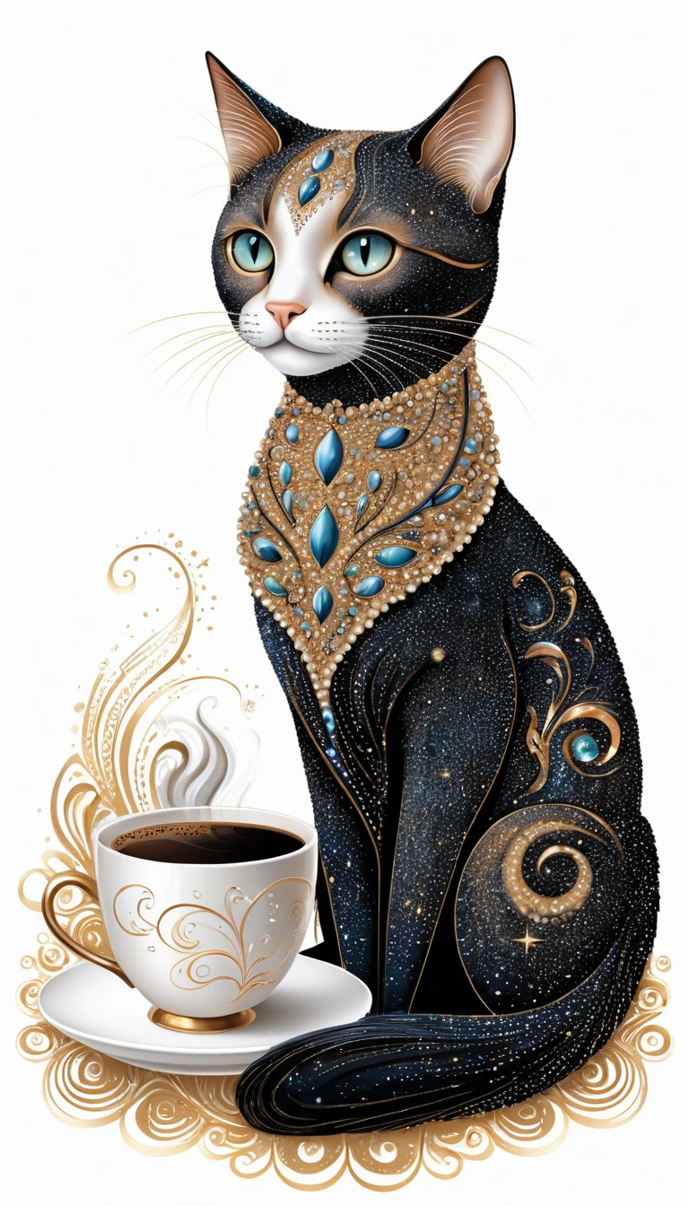 Eine Kaffeekatze auf Weiß mit airbrushartigen Sternenstaub-Details