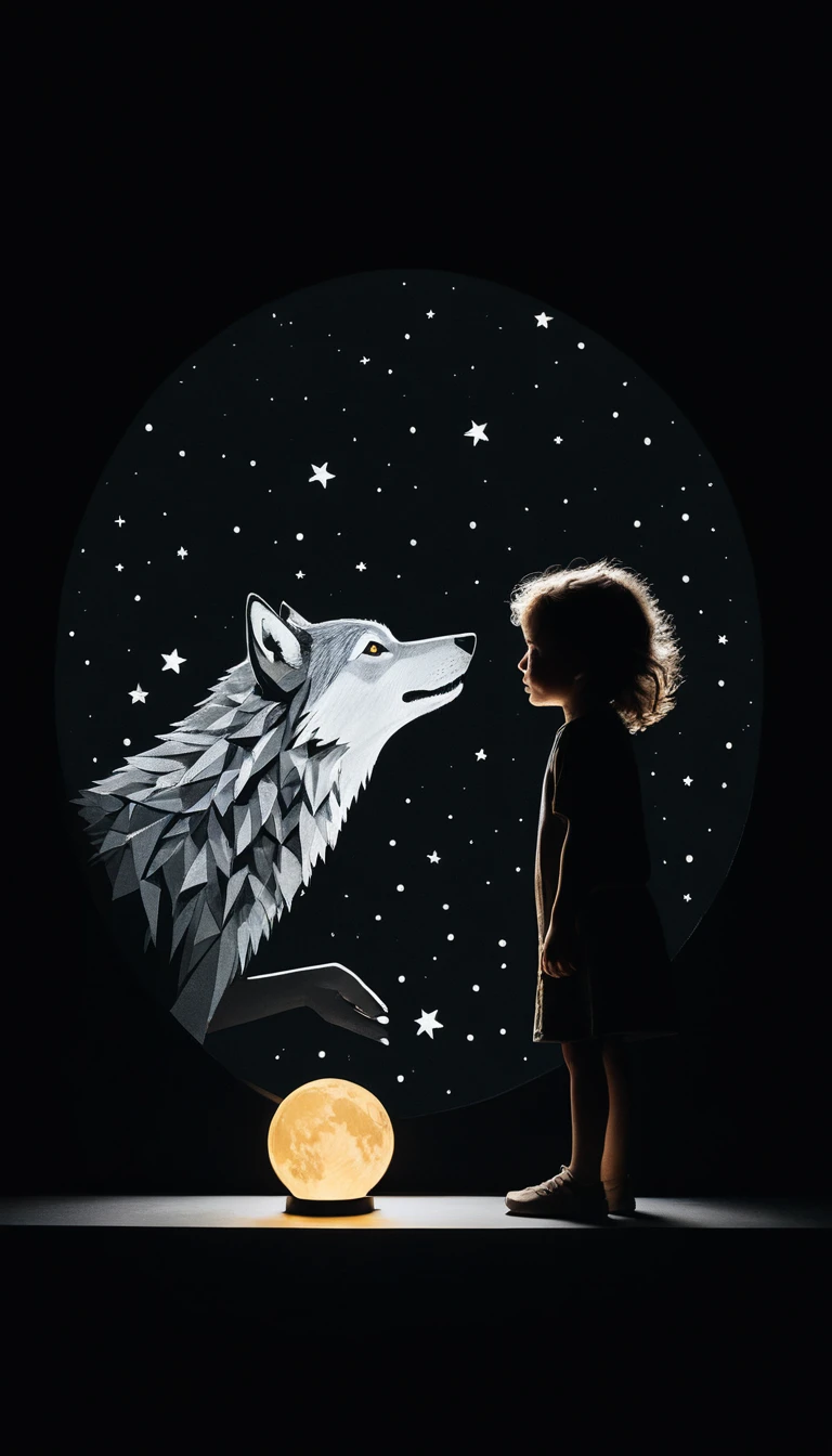 Un bambino e un piccolo lupo divaricano una lunga chioma mentre appaiono il sole e le stelle