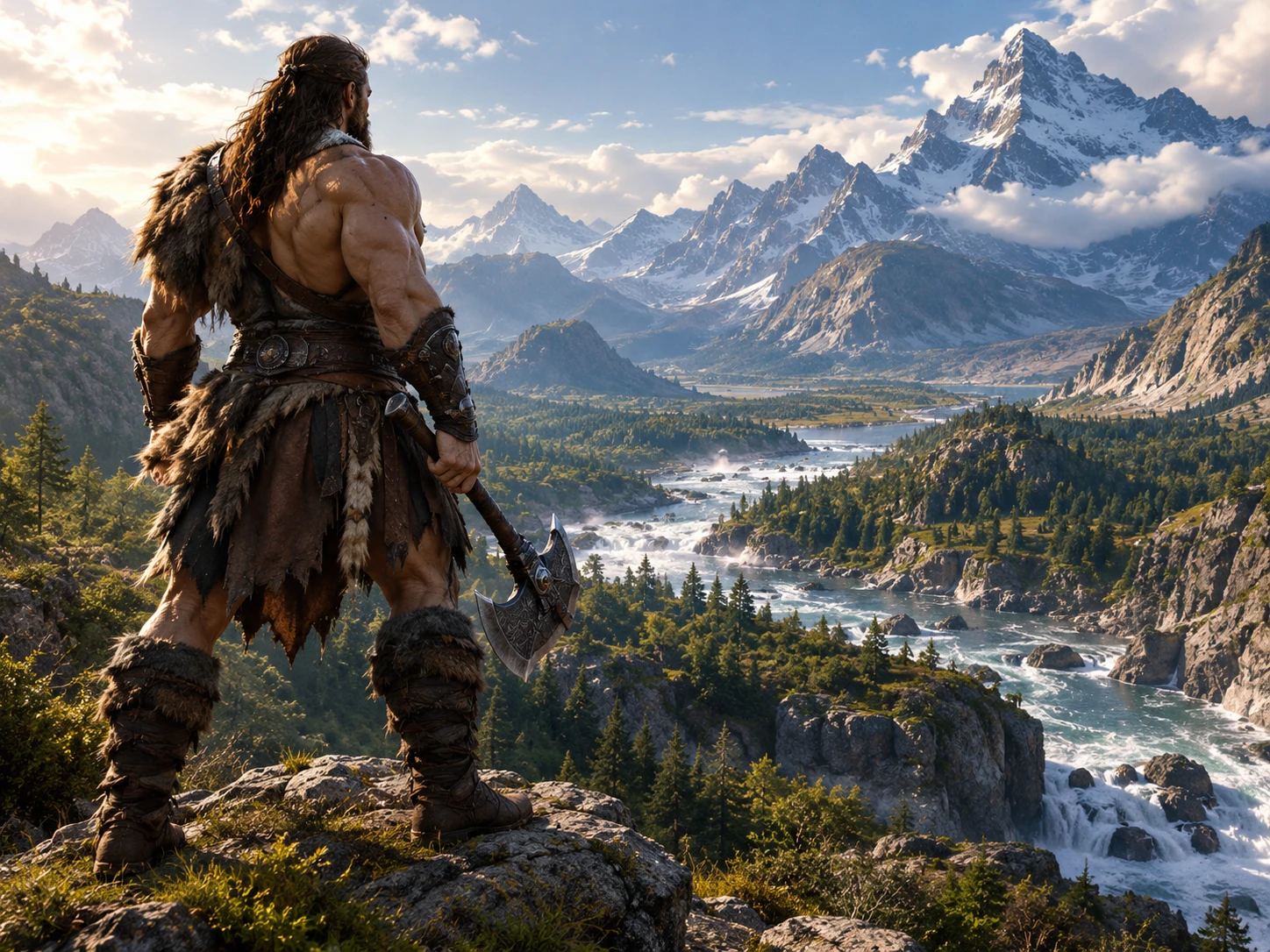 Muscular Barbarian Surveys a Mountainous River Valley from a Small Hill