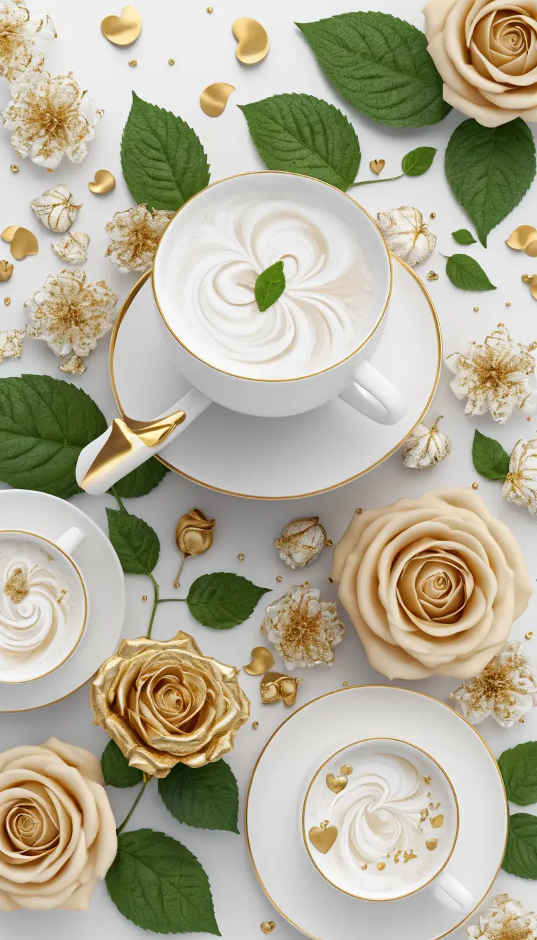 Una taza de café blanca con rosas, menta y círculos fractales dorados