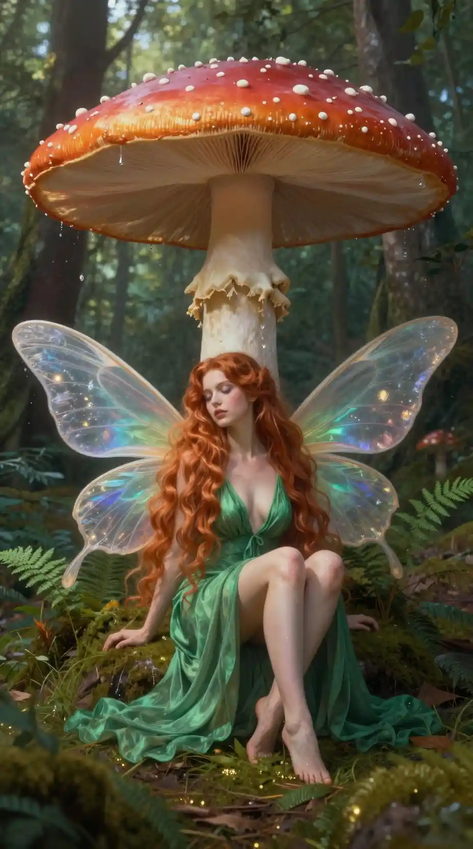 A fairy rests beneath a spotted red mushroom in a shadowy forest