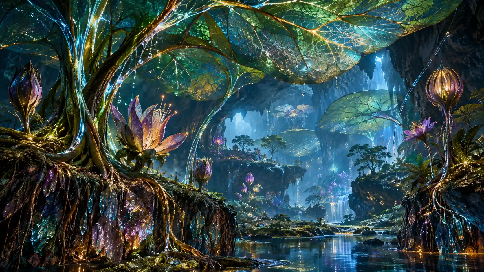A luminous botanical garden unfolds within a vast natural cavern