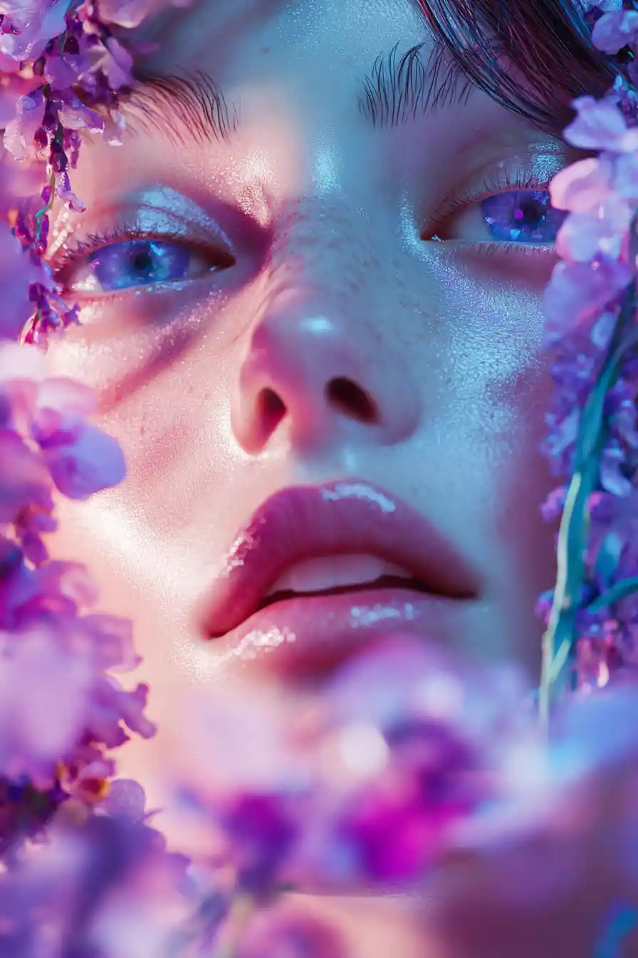 Whimsical surreal biomorphic forms with pastel metallic floral details