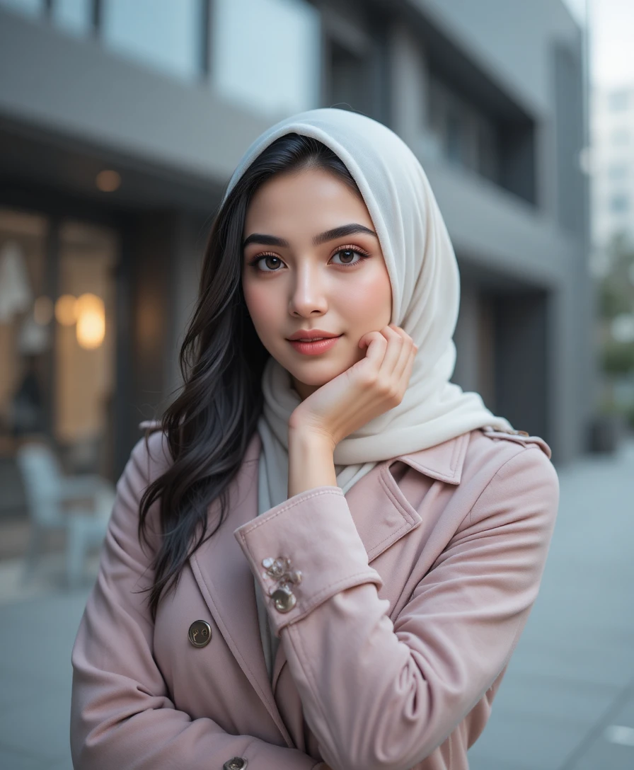Young woman rests her chin on her hand in an urban portrait