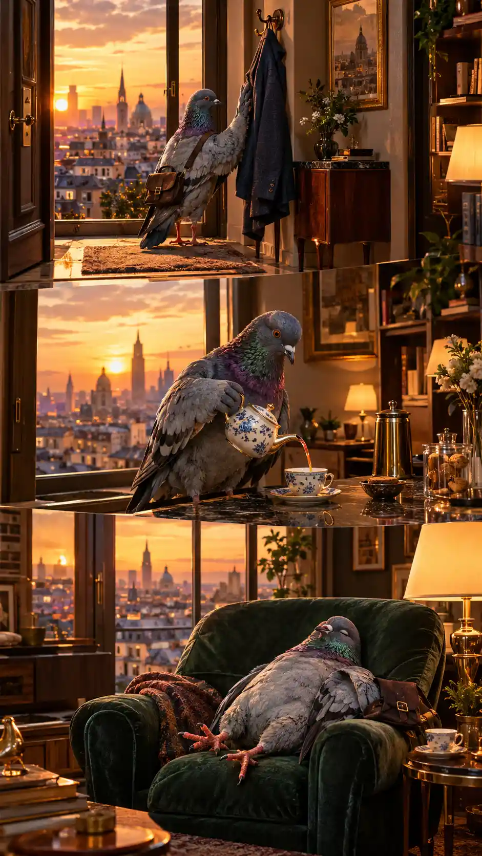 A city pigeon unwinds in its hidden rooftop apartment at sunset