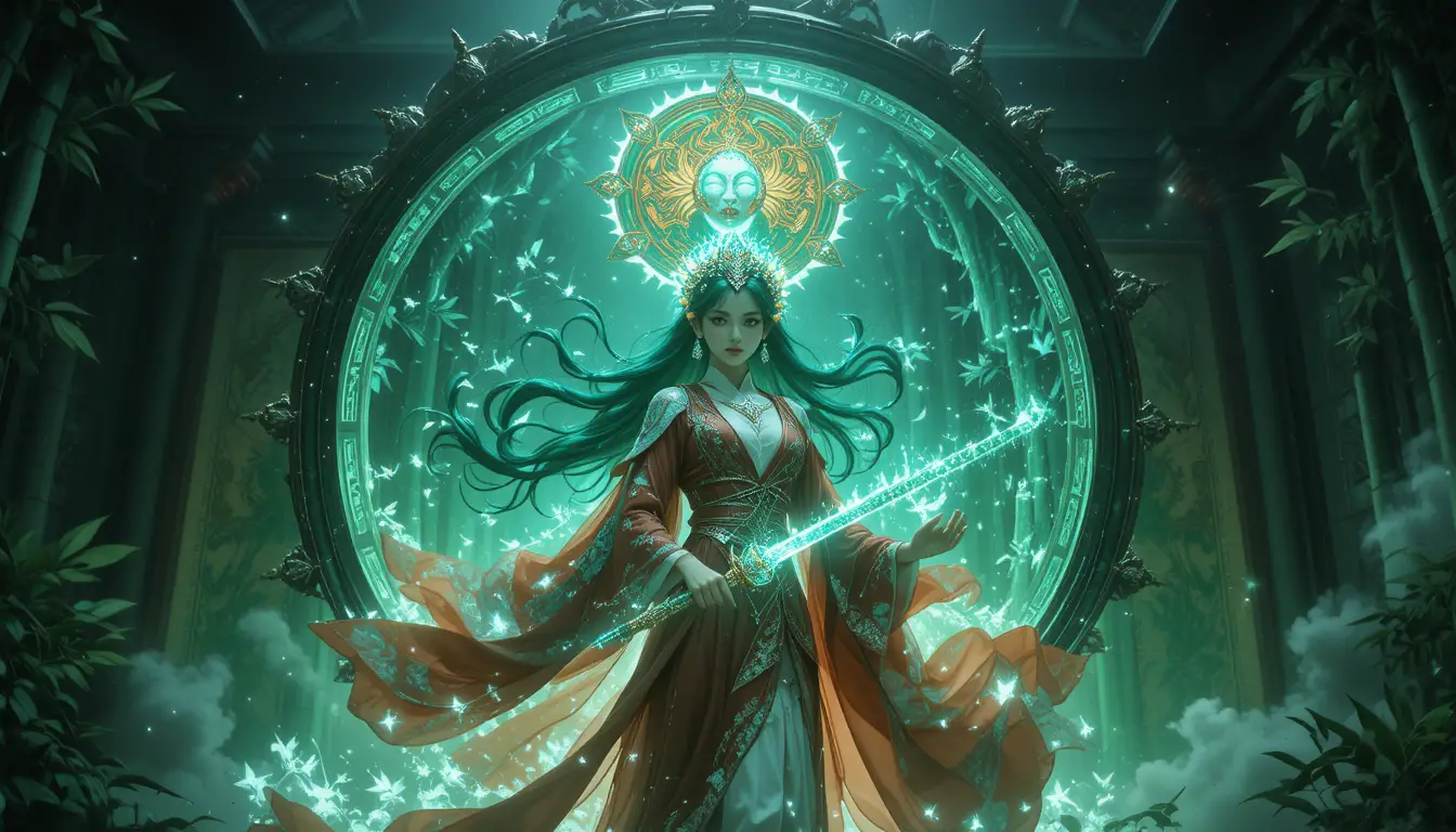 A fantasy swordswoman emerges from an ancient jade scroll