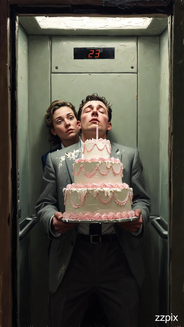 A tired man balances an enormous birthday cake inside a small elevator