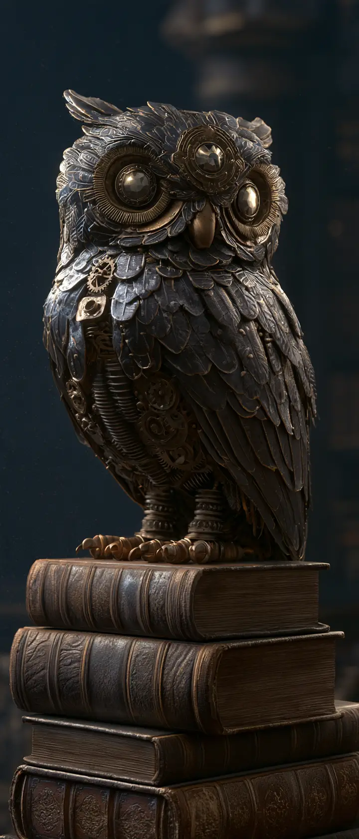 A clockwork owl perched above ancient books in a moonlit library