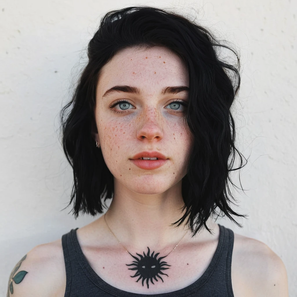 A 22-year-old woman with black hair, freckles, a nose piercing, and a sun tattoo