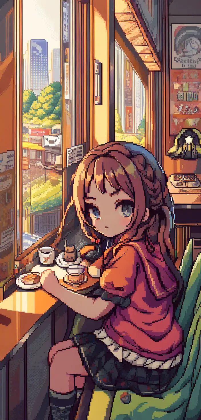 A pixel art girl sits in a cafe with a poster bearing text