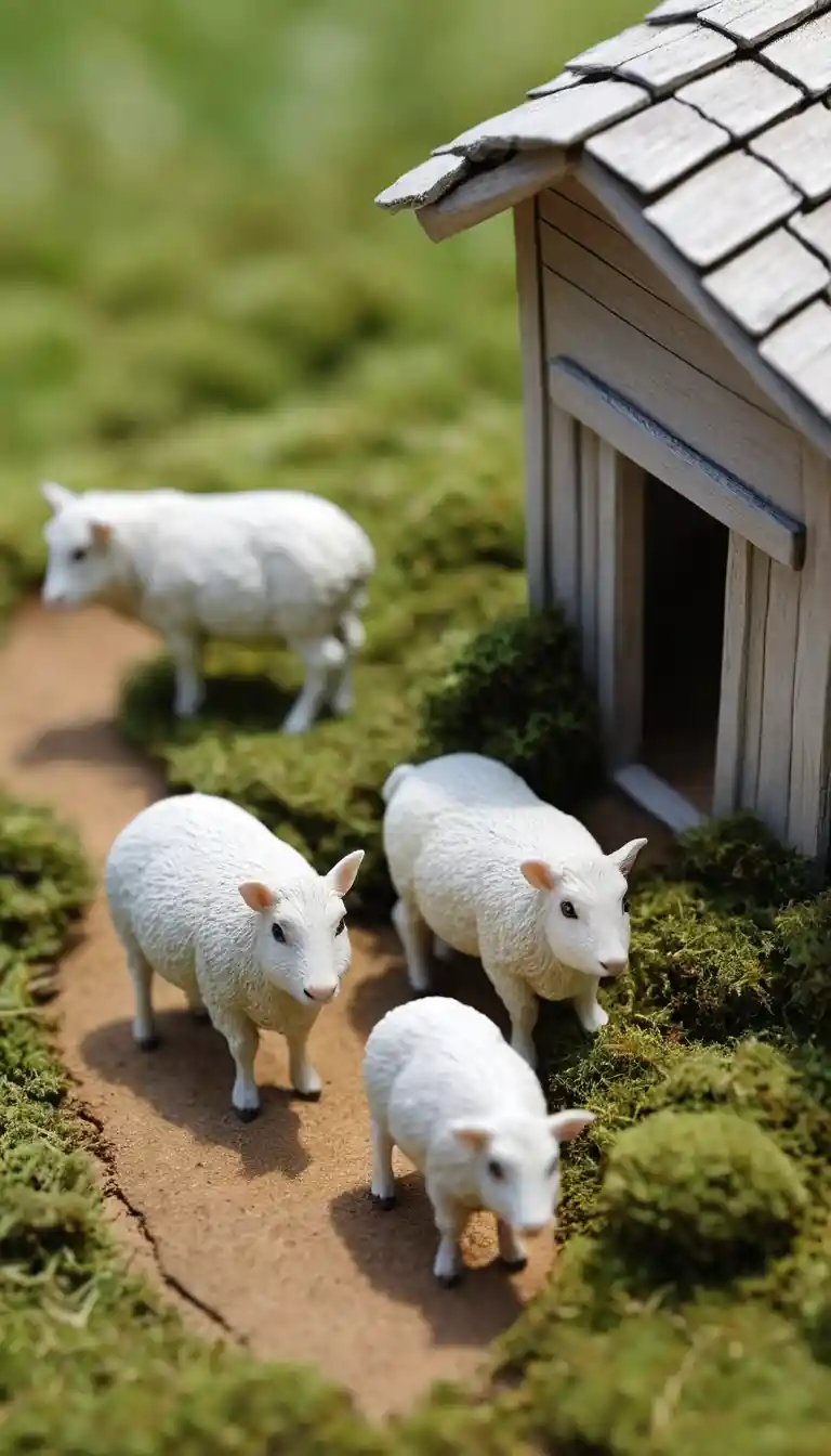 Miniature alpacas grazing on a giant ball of soft wool