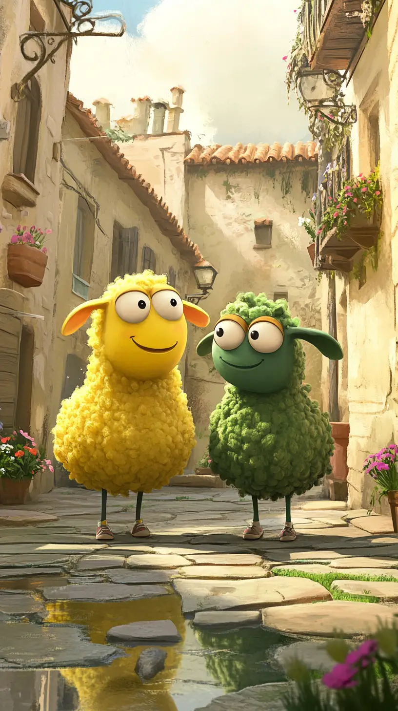 Two cheerful sheep face each other on a sunlit cobblestone street